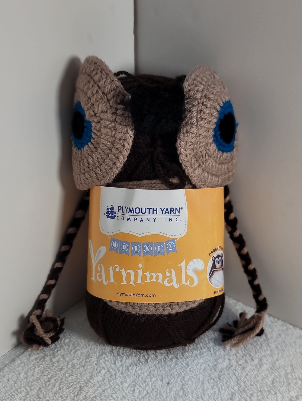 Plymouth Yarn Yarnimals Owl Beanie in Brown and Tan with Blue Eyes NWT